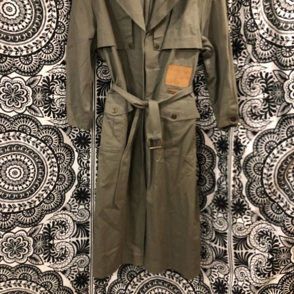 TOGETHER Women’s 16 Vintage Military Style Trench Coat Fatigue Green & Leather - Picture 2 of 9